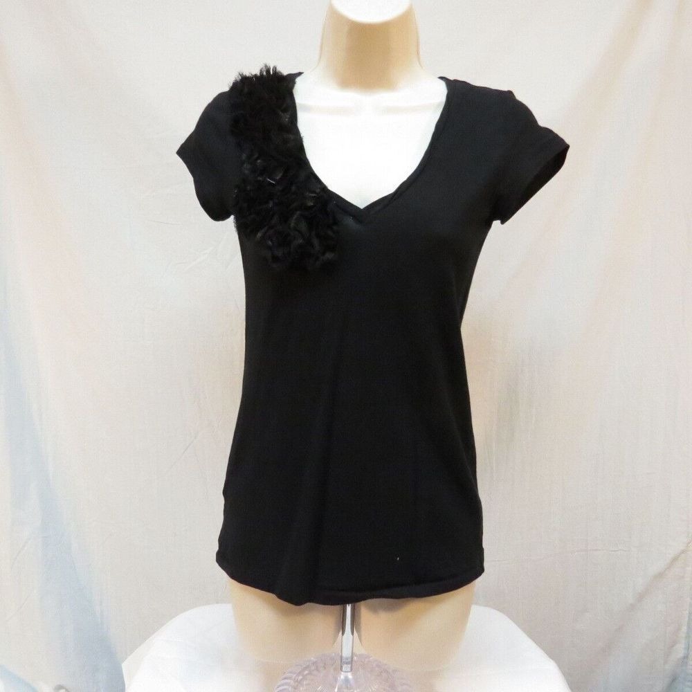 Ann Taylor Loft Black V-Neck T-Shirt with Ruffle Detail Short Sleeve Top Size XS